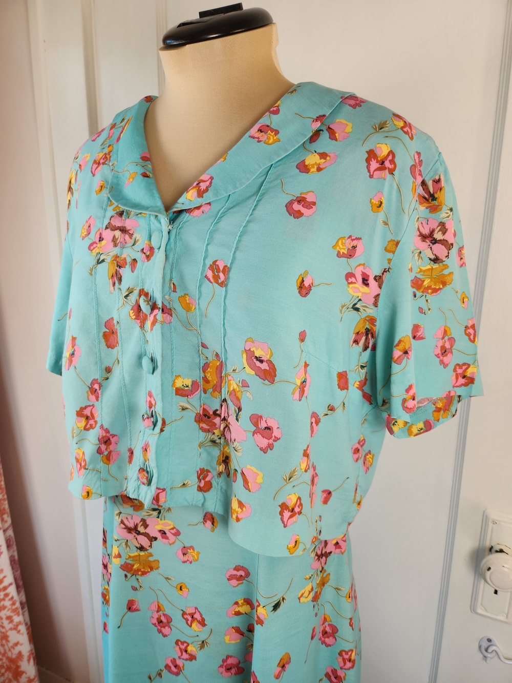 Vtg 90s Green Tea Can Cherry Blossom Aqua Jacket Maxi Dress